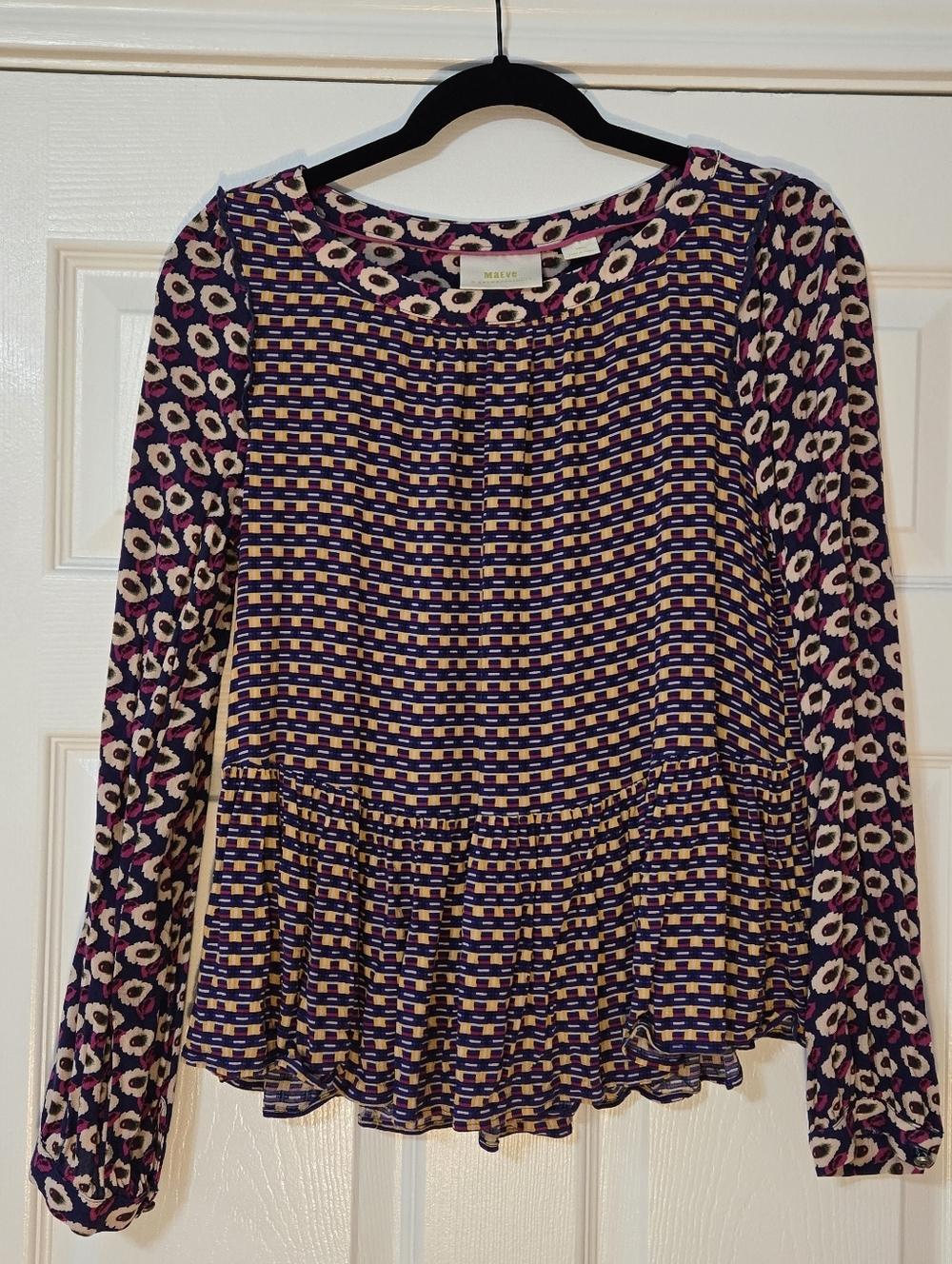 Maeve Purple Multi-Pattern Long Sleeve Peplum Top